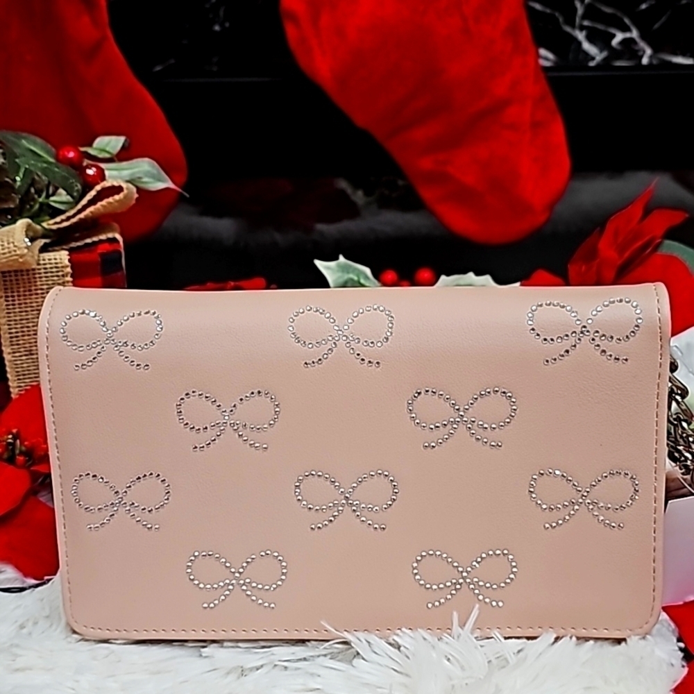 BETSEY JOHNSON BLUSH n SILVER RHINESTONE BOWS BETSEY JOHNSON CROSSBODY / WALLET